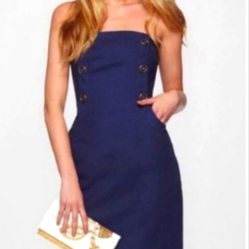 Lilly Pulitzer Navy Strapless Midi Dress with Button Detail